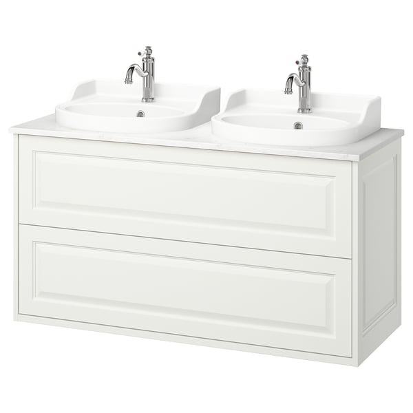 TÄNNFORSEN / RUTSJÖN wash-stnd w drawers/wash-basin/taps, white/white marble effect, 122x49x76 cm