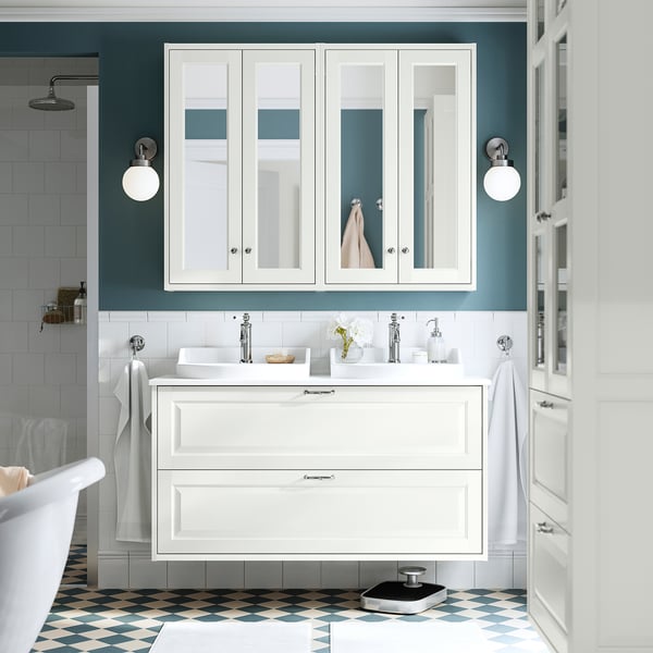 TÄNNFORSEN / RUTSJÖN wash-stnd w drawers/wash-basin/taps, white/white marble effect, 122x49x76 cm