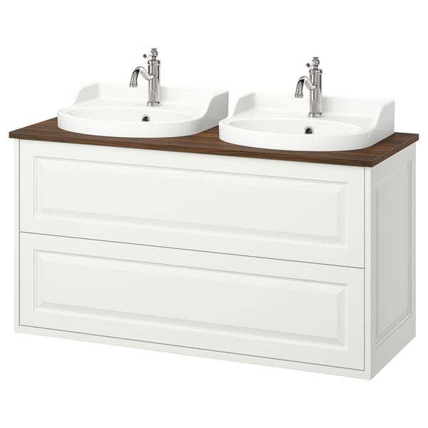 TÄNNFORSEN / RUTSJÖN wash-stnd w drawers/wash-basin/taps, white/brown walnut effect, 122x49x76 cm