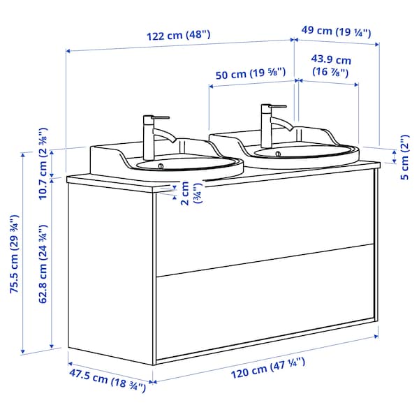 TÄNNFORSEN / RUTSJÖN - Washing/drawer/mixer cabinet, white/brown walnut effect,122x49x76 cm