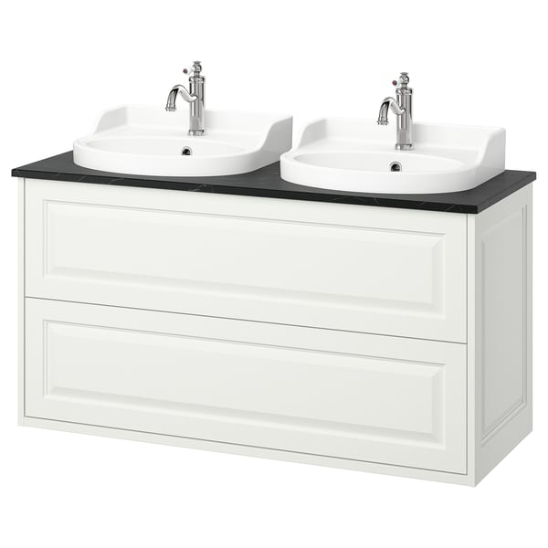 TÄNNFORSEN / RUTSJÖN wash-stnd w drawers/wash-basin/taps, white/black marble effect, 122x49x76 cm