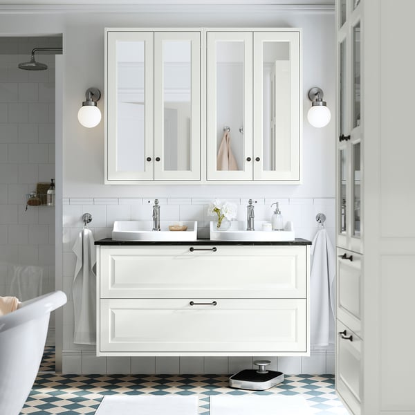 TÄNNFORSEN / RUTSJÖN wash-stnd w drawers/wash-basin/taps, white/black marble effect, 122x49x76 cm