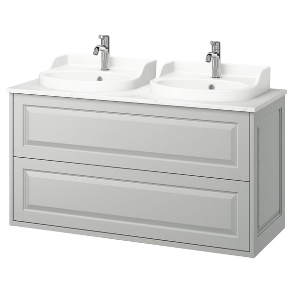 TÄNNFORSEN / RUTSJÖN wash-stnd w drawers/wash-basin/taps, light grey/white marble effect, 122x49x76 cm
