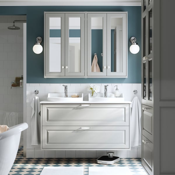TÄNNFORSEN / RUTSJÖN wash-stnd w drawers/wash-basin/taps, light grey/white marble effect, 122x49x76 cm