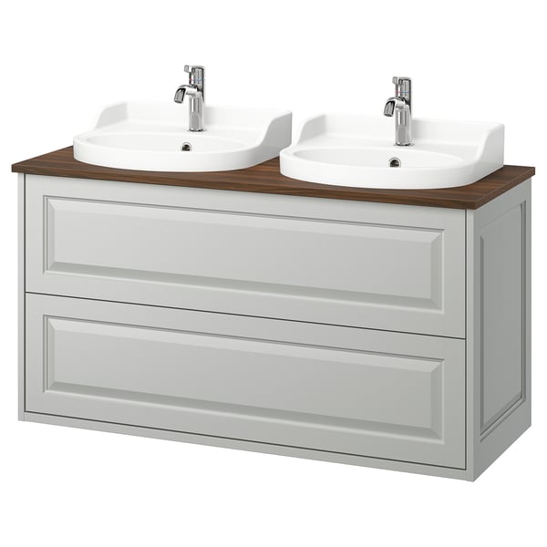 TÄNNFORSEN / RUTSJÖN wash-stnd w drawers/wash-basin/taps, light grey/brown walnut effect, 122x49x76 cm