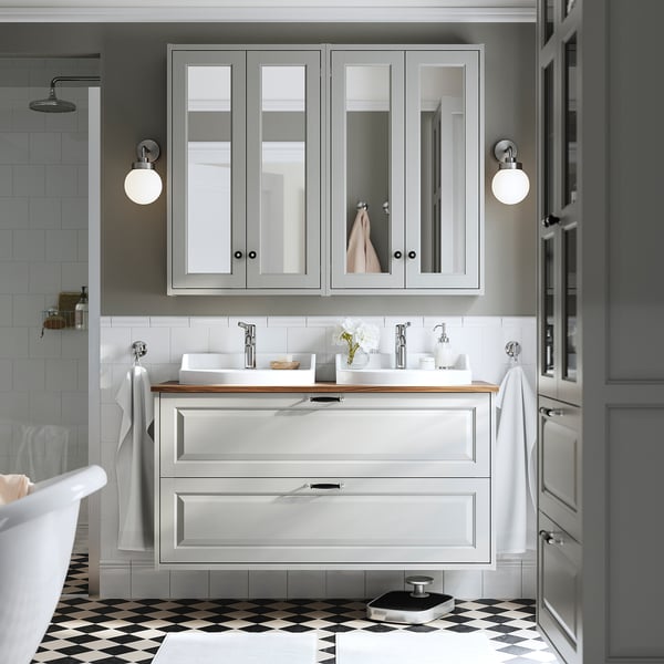 TÄNNFORSEN / RUTSJÖN wash-stnd w drawers/wash-basin/taps, light grey/brown walnut effect, 122x49x76 cm