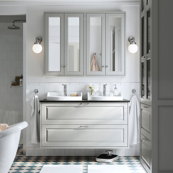 TÄNNFORSEN / RUTSJÖN wash-stnd w drawers/wash-basin/taps, light grey/black marble effect, 122x49x76 cm
