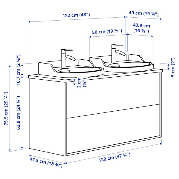 Ikea TÄNNFORSEN / RUTSJÖN - Washbasin/drawer/mixer cabinet, light grey/black marble effect,122x49x76 cm