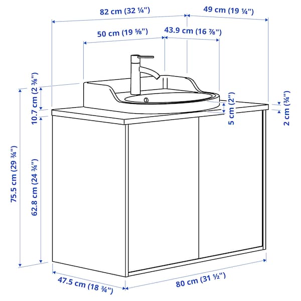 TÄNNFORSEN / RUTSJÖN - Washbasin/ante/washbasin/miscelat unit, white/marble effect, 82x49x76 cm