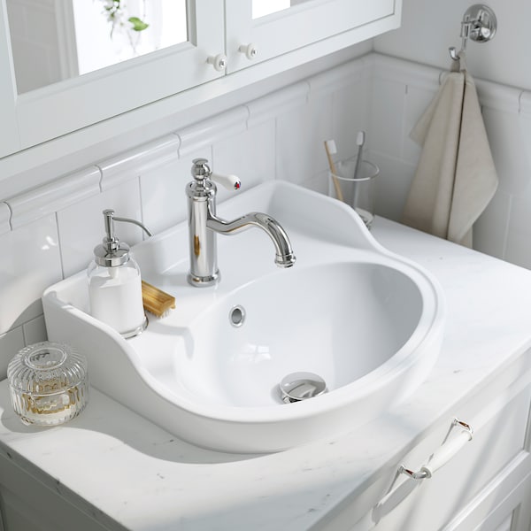 TÄNNFORSEN / RUTSJÖN - Washbasin/ante/washbasin/miscelat unit, white/marble effect, 82x49x76 cm