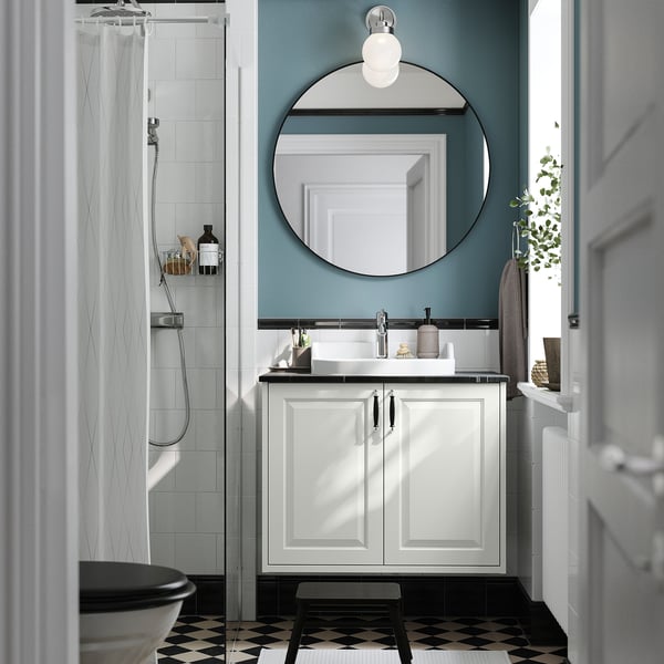 TÄNNFORSEN / RUTSJÖN wash-stnd w doors/wash-basin/tap, white/black marble effect, 82x49x76 cm
