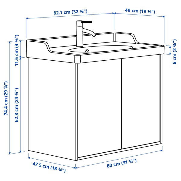 TÄNNFORSEN / RUTSJÖN wash-stnd w doors/wash-basin/tap, white, 82x49x74 cm