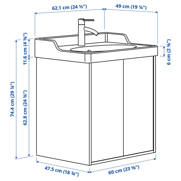 TÄNNFORSEN / RUTSJÖN wash-stnd w doors/wash-basin/tap, white, 62x49x74 cm