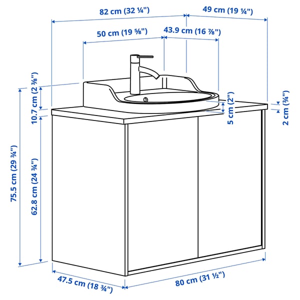 TÄNNFORSEN / RUTSJÖN wash-stnd w doors/wash-basin/tap, light grey/white marble effect, 82x49x76 cm