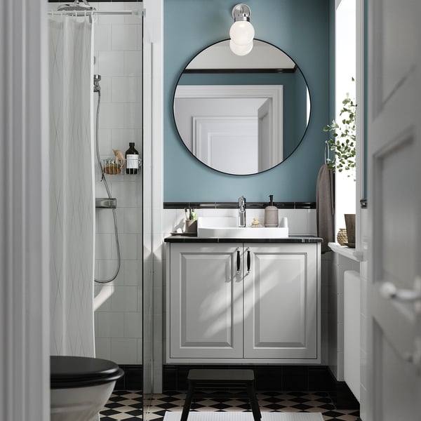 TÄNNFORSEN / RUTSJÖN wash-stnd w doors/wash-basin/tap, light grey/black marble effect, 82x49x76 cm