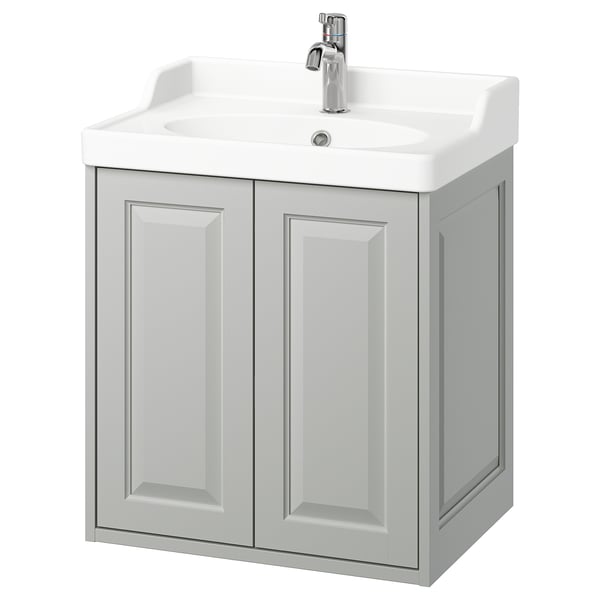 TÄNNFORSEN / RUTSJÖN wash-stnd w doors/wash-basin/tap, light grey, 62x49x74 cm