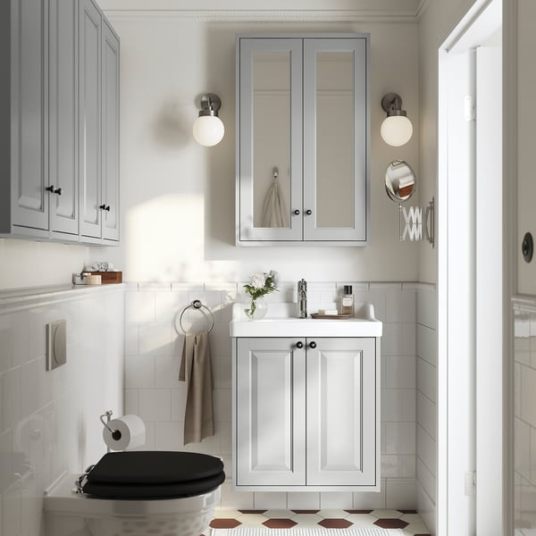 TÄNNFORSEN / RUTSJÖN wash-stnd w doors/wash-basin/tap, light grey, 62x49x74 cm