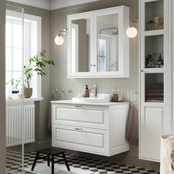 TÄNNFORSEN / RUTSJÖN wash-stnd w drawers/wash-basin/tap, white/white marble effect, 102x49x76 cm