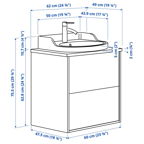 TÄNNFORSEN / RUTSJÖN - Washbasin/drawer/misc cabinet, white/white marble effect,62x49x76 cm