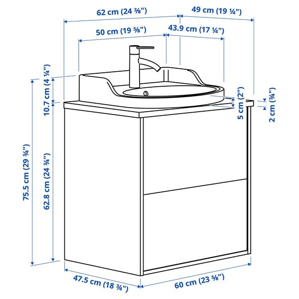 Ikea TÄNNFORSEN / RUTSJÖN - Washbasin/drawer/misc cabinet, white/white marble effect,62x49x76 cm