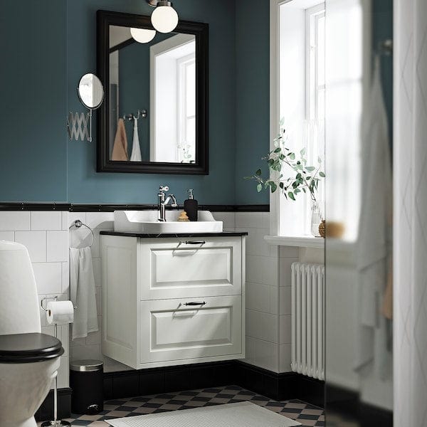 Ikea TÄNNFORSEN / RUTSJÖN - Washbasin/drawer/misc cabinet, white/black marble effect,62x49x76 cm