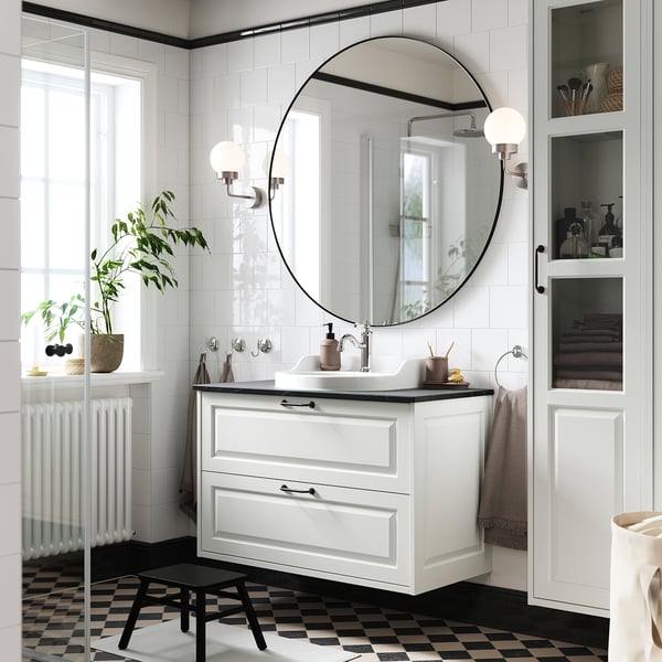 TÄNNFORSEN / RUTSJÖN wash-stnd w drawers/wash-basin/tap, white/black marble effect, 102x49x76 cm