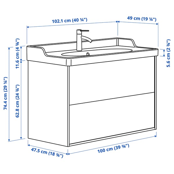TÄNNFORSEN / RUTSJÖN wash-stnd w drawers/wash-basin/tap, white, 102x49x74 cm