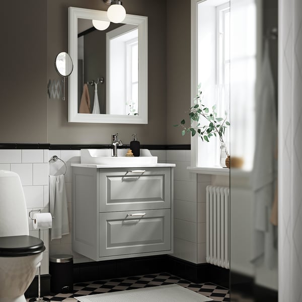 TÄNNFORSEN / RUTSJÖN - Washbasin/drawer/misc cabinet, light grey/white marble effect,62x49x76 cm