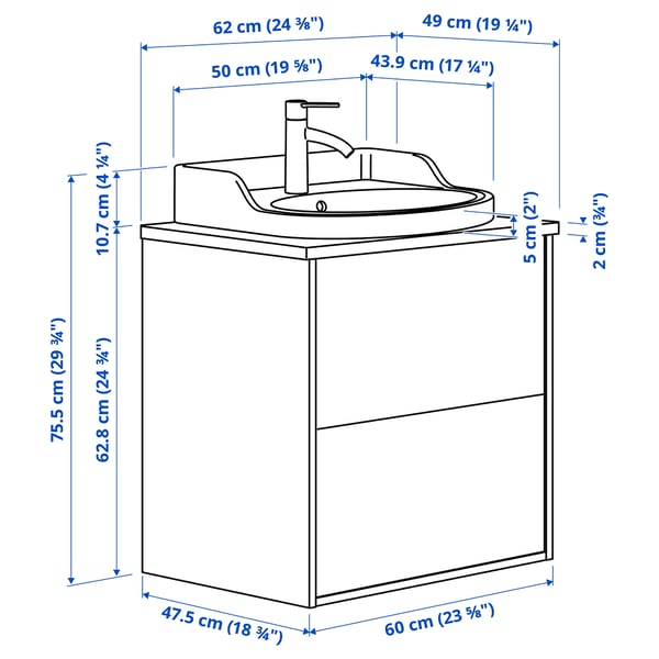 TÄNNFORSEN / RUTSJÖN wash-stnd w drawers/wash-basin/tap, light grey/white marble effect, 62x49x76 cm