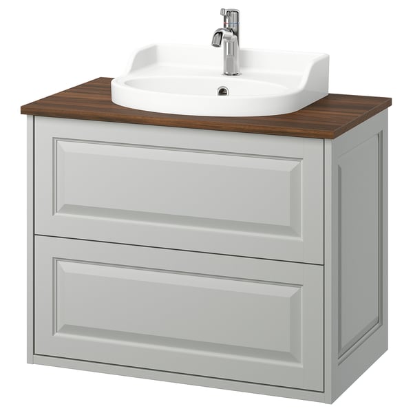 TÄNNFORSEN / RUTSJÖN wash-stnd w drawers/wash-basin/tap, light grey/brown walnut effect, 82x49x76 cm