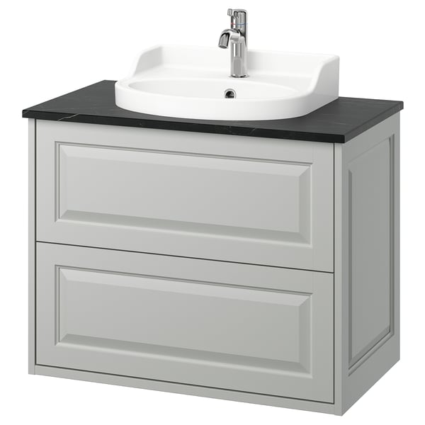 TÄNNFORSEN / RUTSJÖN wash-stnd w drawers/wash-basin/tap, light grey/black marble effect, 82x49x76 cm