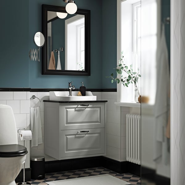 TÄNNFORSEN / RUTSJÖN - Washbasin/drawer/misc cabinet, light grey/black marble effect,62x49x76 cm