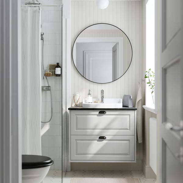TÄNNFORSEN / RUTSJÖN wash-stnd w drawers/wash-basin/tap, light grey/black marble effect, 82x49x76 cm