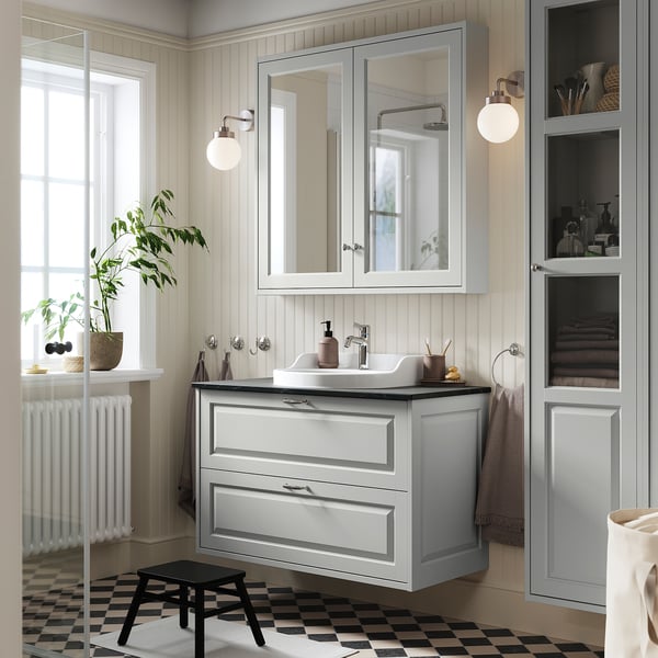 TÄNNFORSEN / RUTSJÖN wash-stnd w drawers/wash-basin/tap, light grey/black marble effect, 102x49x76 cm