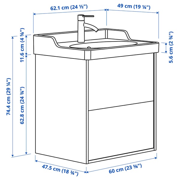 TÄNNFORSEN / RUTSJÖN wash-stnd w drawers/wash-basin/tap, light grey, 62x49x74 cm