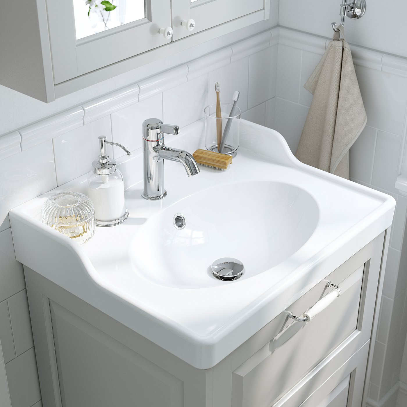 TÄNNFORSEN / RUTSJÖN wash-stnd w doors/wash-basin, light grey, 62x49x74 cm