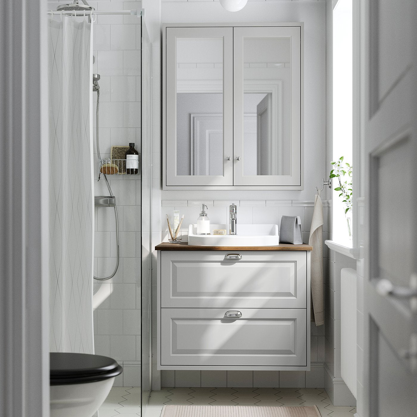 TÄNNFORSEN / RUTSJÖN wash-stnd w drawers/wash-basin, light grey/brown walnut effect, 82x49x76 cm