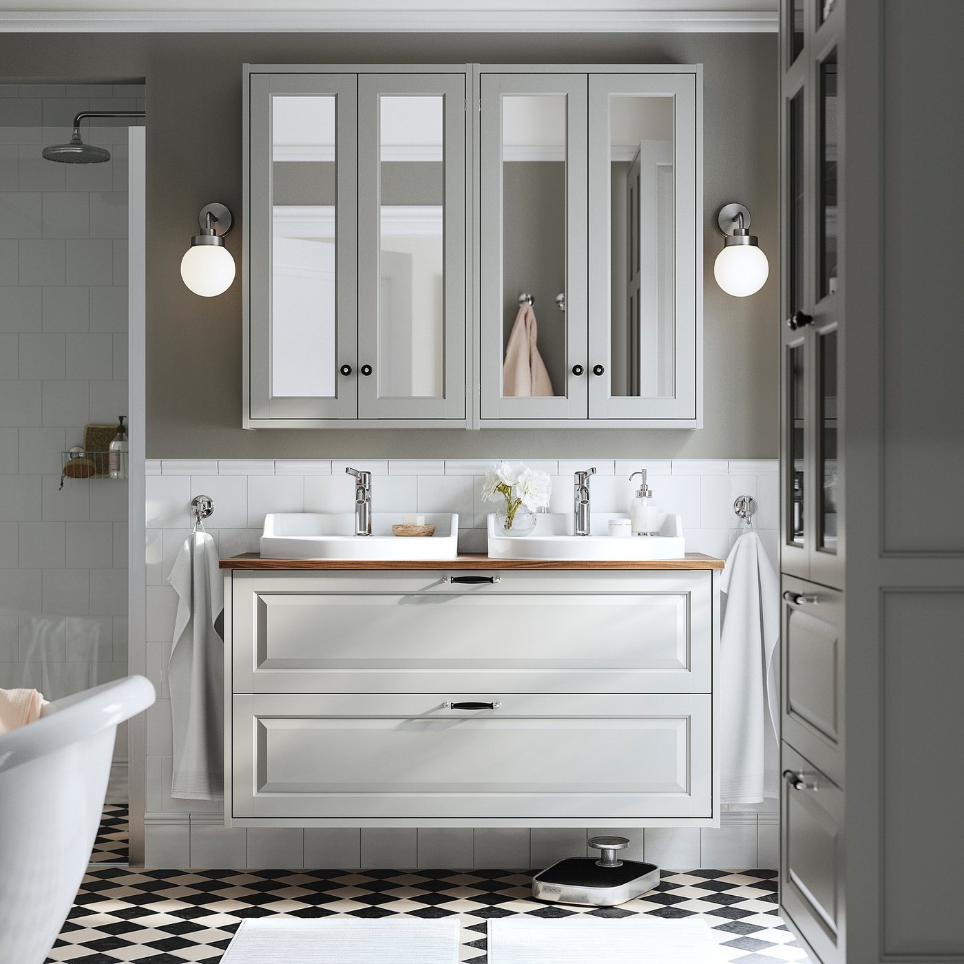TÄNNFORSEN / RUTSJÖN wash-stnd w drawers/wash-basin, light grey/brown walnut effect, 122x49x76 cm