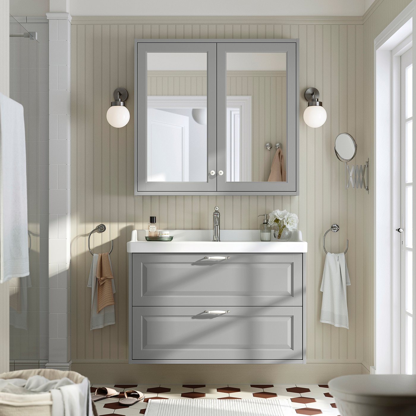 TÄNNFORSEN / RUTSJÖN wash-stnd w drawers/wash-basin, light grey, 102x49x74 cm