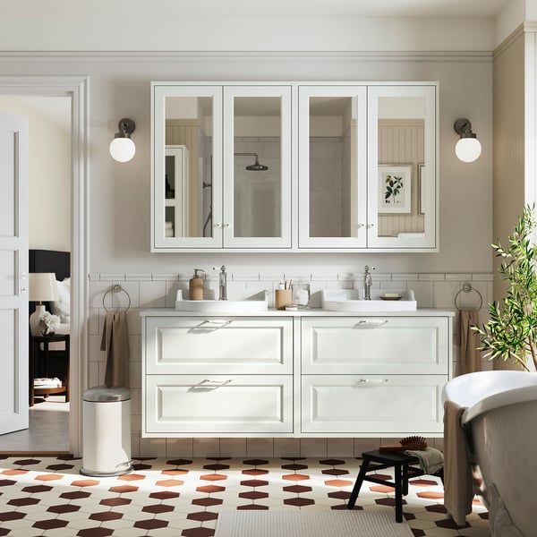 TÄNNFORSEN / RUTSJÖN - Washbasin/washbasin unit/mixer, white/white marble effect,162x49x76 cm