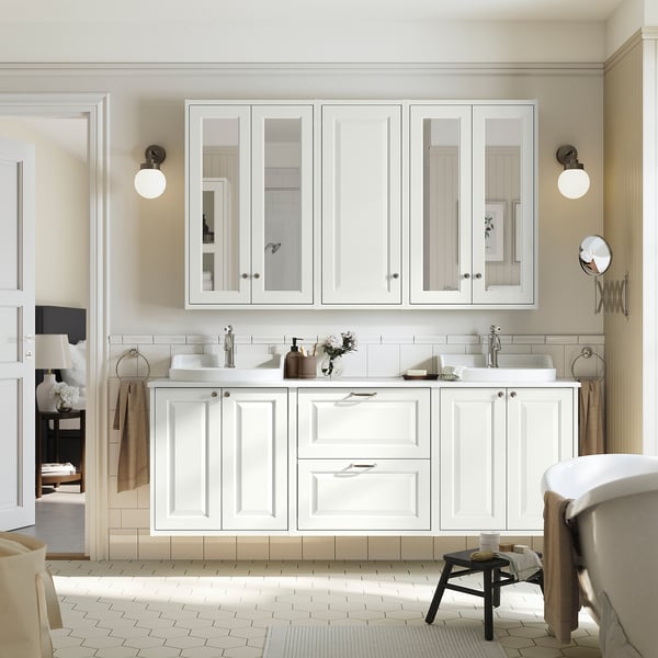 TÄNNFORSEN / RUTSJÖN - Washbasin/washbasin unit/mixer, white/white marble effect,182x49x76 cm