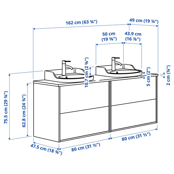 TÄNNFORSEN / RUTSJÖN - Washbasin/washbasin unit/mixer, white/white marble effect,162x49x76 cm