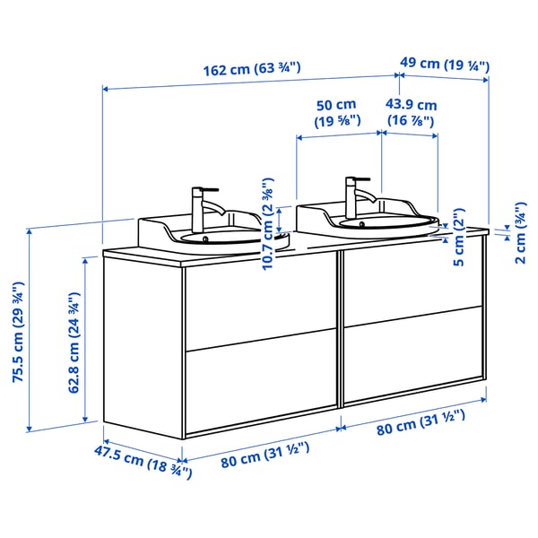 TÄNNFORSEN / RUTSJÖN wash-stand/wash-basins/taps, white/white marble effect, 162x49x76 cm