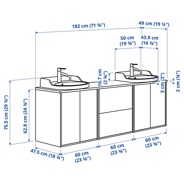 TÄNNFORSEN / RUTSJÖN wash-stand/wash-basins/taps, white/brown walnut effect, 182x49x76 cm
