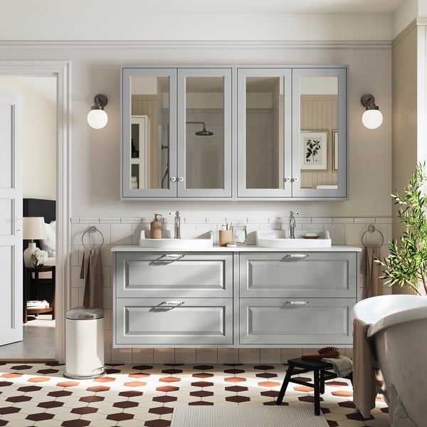 TÄNNFORSEN / RUTSJÖN wash-stand/wash-basins/taps, light grey/white marble effect, 162x49x76 cm