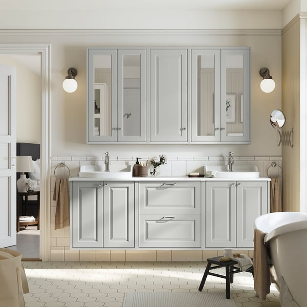 TÄNNFORSEN / RUTSJÖN wash-stand/wash-basins/taps, light grey/white marble effect, 182x49x76 cm