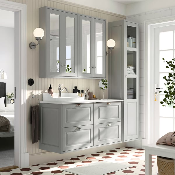 TÄNNFORSEN / RUTSJÖN wash-stand/wash-basin/tap, light grey/white marble effect, 122x49x76 cm