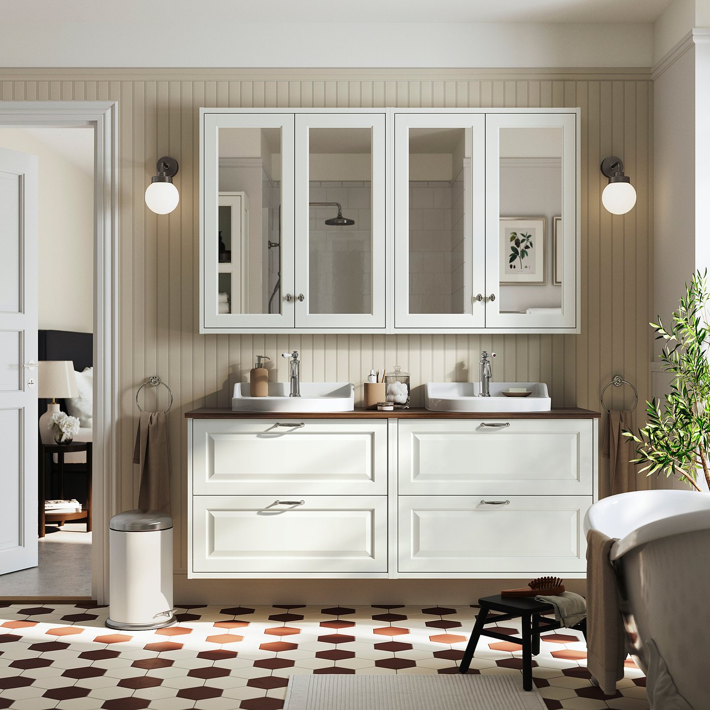 TÄNNFORSEN / RUTSJÖN wash-stand/wash-basins, white/brown walnut effect, 162x49x76 cm