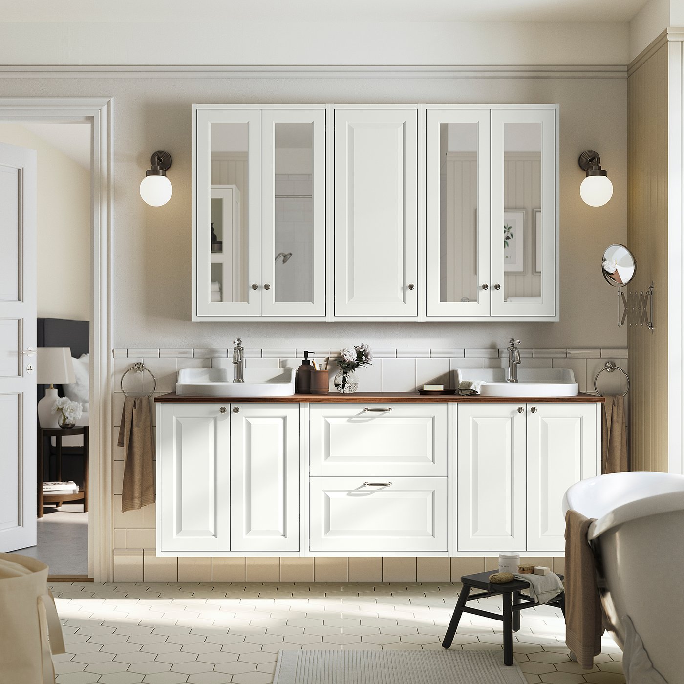 TÄNNFORSEN / RUTSJÖN wash-stand/wash-basins, white/brown walnut effect, 182x49x76 cm
