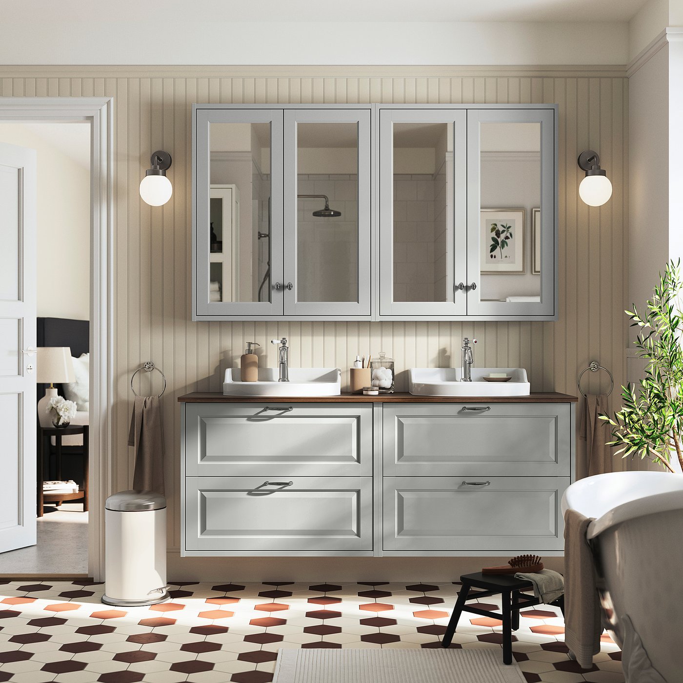 TÄNNFORSEN / RUTSJÖN wash-stand/wash-basins, light grey/brown walnut effect, 162x49x76 cm